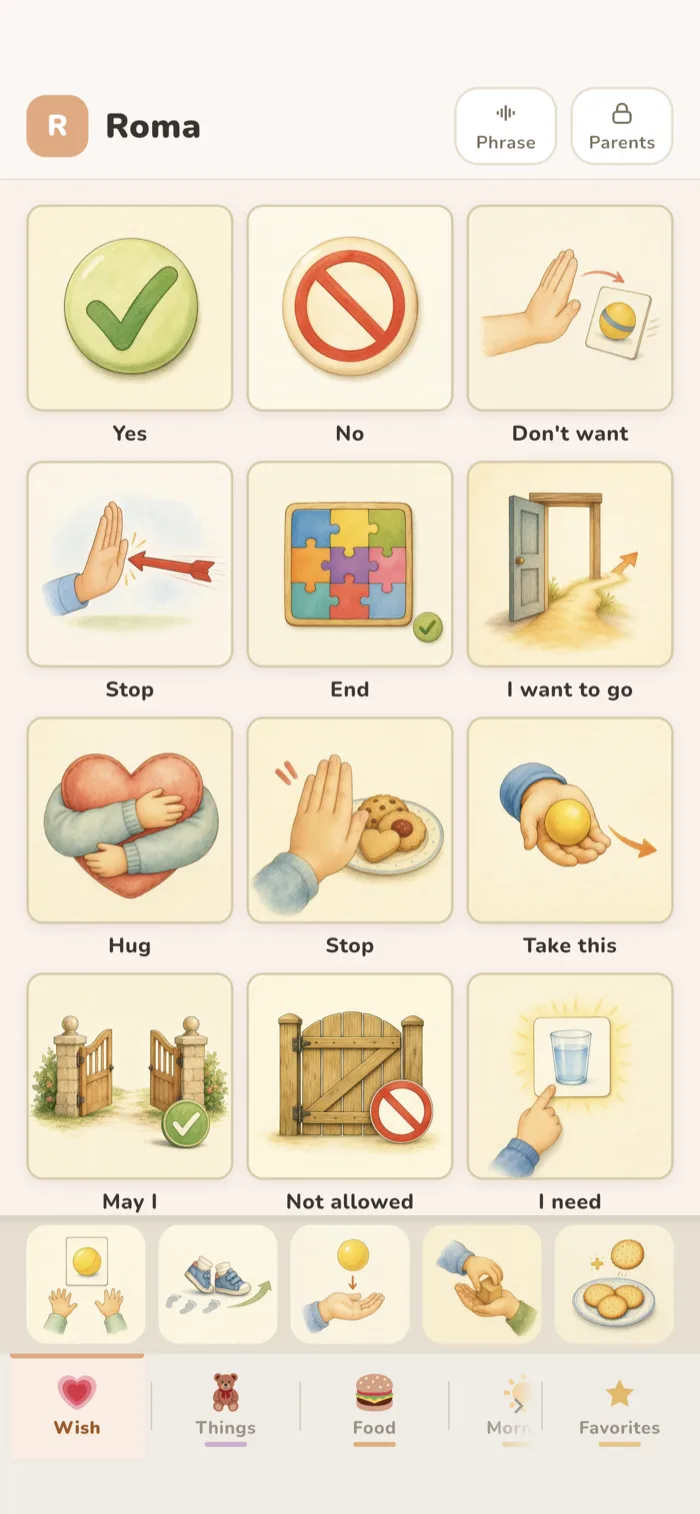 Home screen: cards the child speaks with