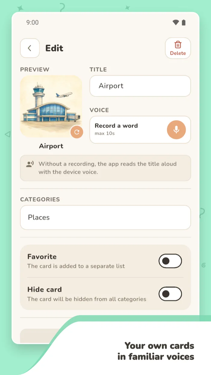 Card editor: your own photo and a recording of your voice